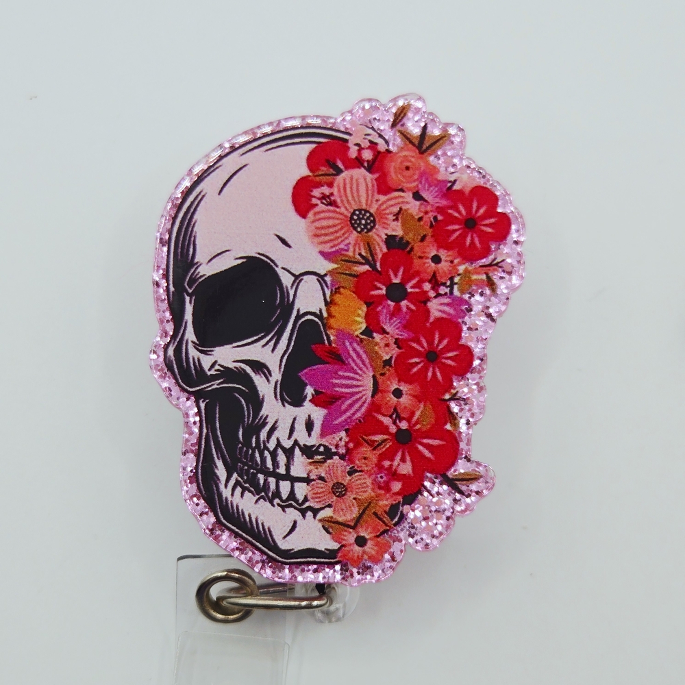 Floral Skull Pink Glitter Badge Reel Belt or Alligator Clip